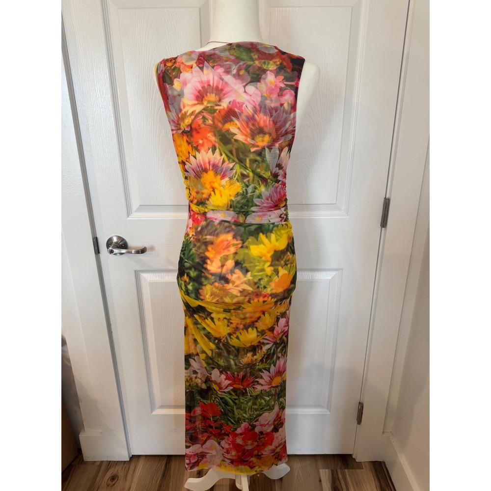Zara Floral Mesh Midi Dress Womens Medium Ruched Bodycon Sleeveless Sheer - Picture 3 of 6